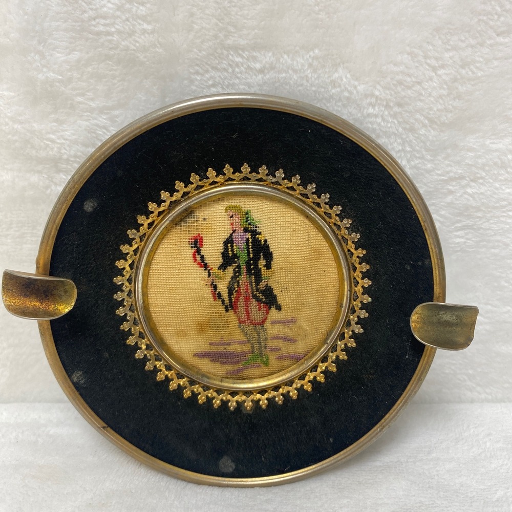 VTG Micro Needlepoint Ashtray Figure‎ Man Brass Trim Black